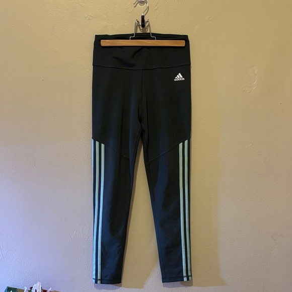 Adidas Kids Black Leggings with Aqua Stripes - Picture 1 of 6